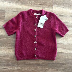 Zara BOW-SHAPED BUTTON KNIT CARDIGAN - BURGUNDY- NWT